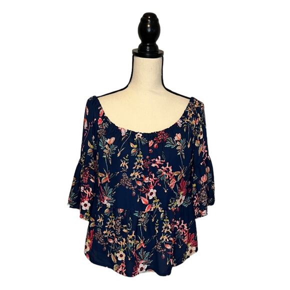 a.n.a. A New Approach Blouse Womens PM Navy Floral Bell Sleeve Off The Shoulder - Picture 2 of 7